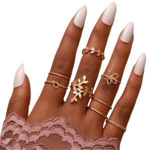 Sale! Boho Gold Tone Leaf & Flower Midi 8 Piece Ring Set